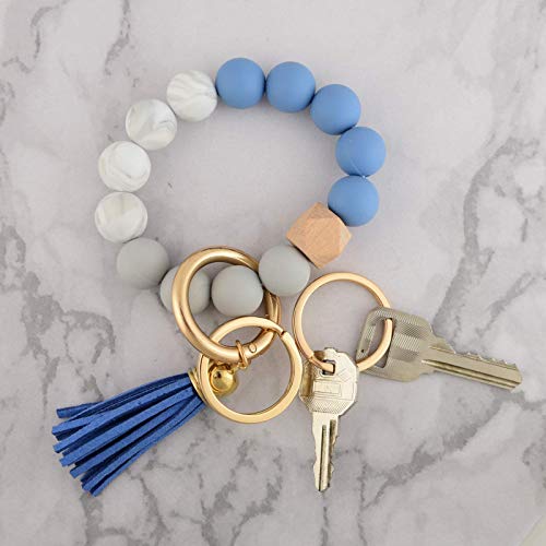 Coolcos Silicone Key Ring Bracelet For Women Portable Keychain Holder, Car Keychain Elastic Beaded Wristlet With Tassel (Blue) #TOP5