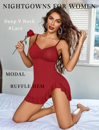 Image of Avidlove Lingerie for Women Sexy Nightgown Modal Nightwear Side Slit Babydoll Chemise Spaghetti Strap nighties