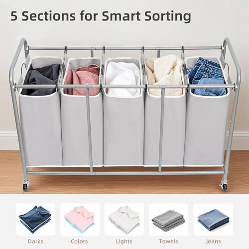 Image of STORAGE MANIAC 5 Section Laundry Sorter, 5 Bins Rolling Separator Laundry Basket, Dirty Clothes Hamper Divider with Heavy Duty Lockable Wheels, Large Clothes Organizer Cart, Gray