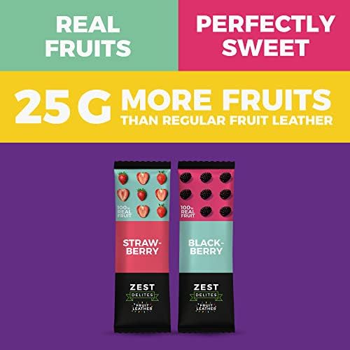 Zest Delites Fruit Leather Snacks, Gluten Free Vegan Healthy Snacks for Adults and Kids, Variety Snack Pack, 0.88 oz (Pack of 10) Berries Mix; Strawberry and Blackberry Fruit Bars
