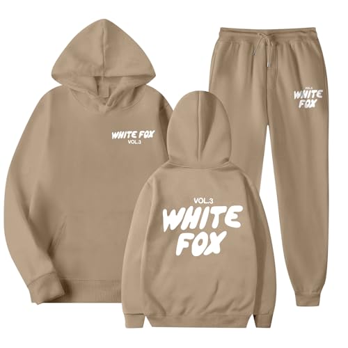 2025 White Fox Hoodie Womens Prints Sweatshirt Set White Fox Hoodies for Teen Girls Long Sleeve Shirts 2 Piece Set Clothes (Camel Color White, S)