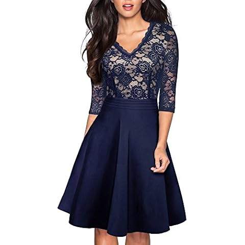 HOMEYEE Women's Chic V-Neck Lace Patchwork Flare Party Dress A062 (12, Dark Blue) Cover