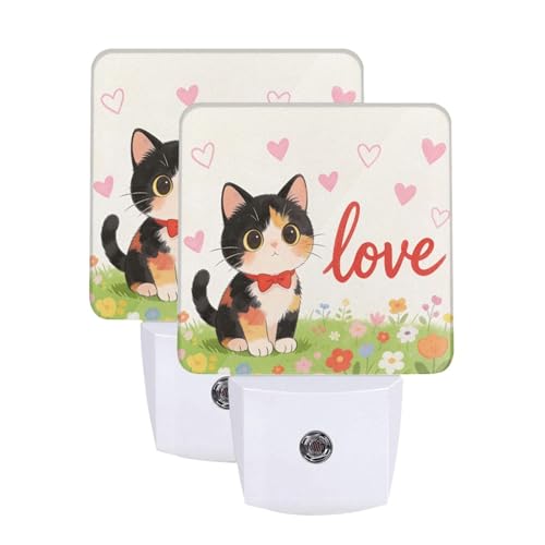 Image of Love Hearts Cute Cat Flowers Night Light 2-Pack, Auto Sensor LED Plug-in Nightlights Set of 2 for Bedroom Bathroom Corridors