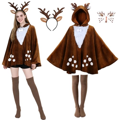 Reh Kostüm Damen, Rentier Karneval Kostüm Damen, Faschingskostüme Reh, Rentier Kostüm Erwachsene mit Poncho Haarreif Gesichtstattoo und...