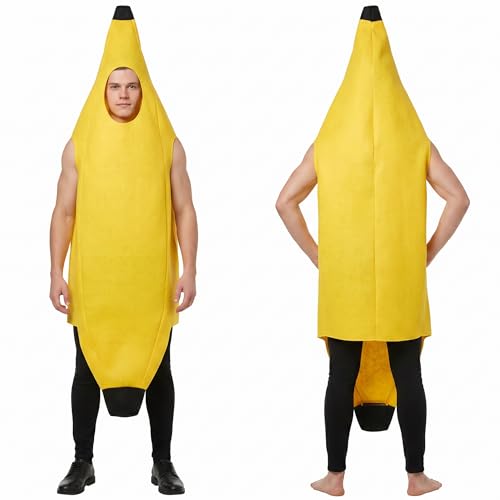 Costume Banane Adulte Unisexe, Déguisement Nourriture Drôle Taille Unique 150–170 cm, Tenue de Soirée à Thème Fruité pour Carnaval, Halloween, Enterrement de Vie de Célibataire, Fête, Spectacle