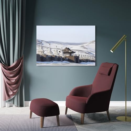 Poster paysage Mongolie ancienne pagodes blanches sous la neige toile décoration esthétique - 4