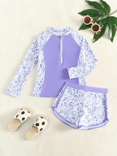 Image of SEGT Girl's Floral Long Sleeve Rash Guard with Bikini Bottom 2 Piece Swimsuit Set