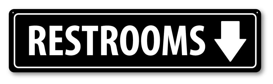 Grafkën GRX1080 Aluminum Sign LARGE 24 in x 6 in: RESTROOMS. ARROW DOWN (black/white) Style 1