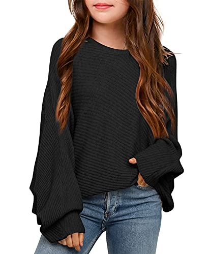 Mafulus Girl's Oversized Crewneck Sweaters Kids Batwing Long Sleeve Slouchy Chunky Cute Knit Pullover Jumper 5-14T Black #TOP11
