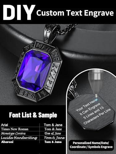 Image of ChainsHouse Viking Rune Pendant Necklace for Men Women, Punk Biker Black Metal /316L Stainless Steel Onyx Norse Vintage Amulet Necklaces with Black /Red /Green /Blue Gemstone, Send Gift Box