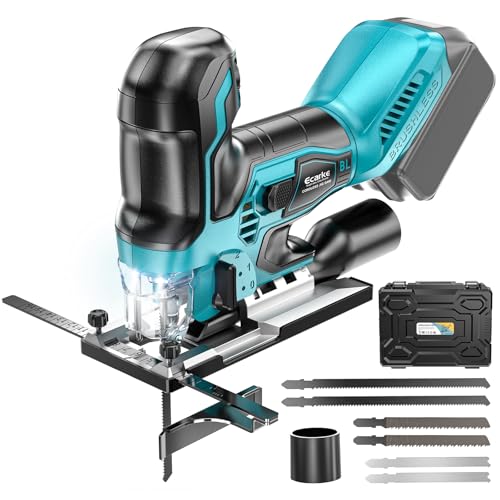 Image of Ecarke Cordless&Brushless Jig Saw Compatible With Makita 18V Battery, 3800RPM, 7 Speeds Dial Control, Free-Tool ±45° Bevel Cuts, 4 Orbital Action, Dust Blows and 6 Blades For Cutting (Exclude Battery)