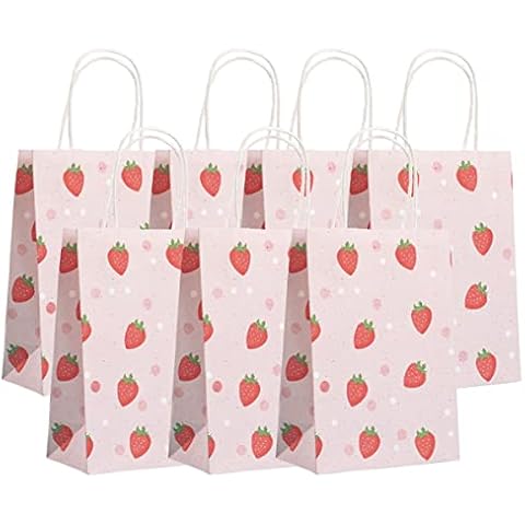 KoberrLi 16Pcs Strawberry Gift Paper Bags with Handles 5.9x8.26x3.15-inch Strawberry Party Favor Paper Bags for Birthday Baby Shower Holiday Gifts (Strawberry) Cover