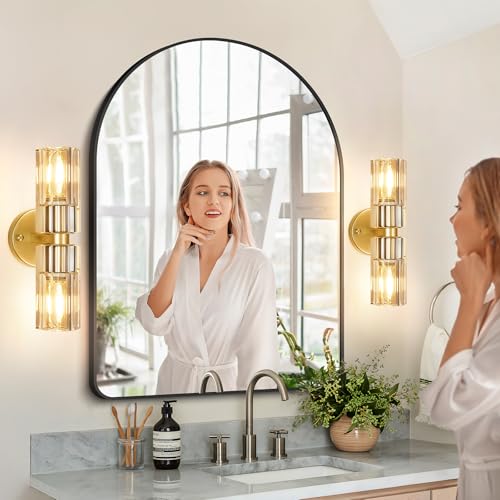Image of Gold Wall Sconce, Modern Bathroom Sconces Wall Lighting Vanity Light Fixtures with Clear Crystal, Hardwired Brushed Brass Wall Mount Lights for Living Room Corridor Mirror Bedroom Stairs