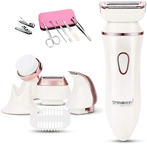 Sminiker Professional 2018 Version Womens Electric Razor 4 in 1 Rechargeable Ladies Electric Shaver with Body Hair Bikini Trimmer Facial Cleansing Cordless Wet or Dry Shaver (White)