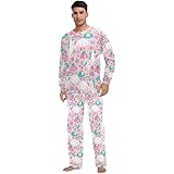 Seamless White Unicorns Cloud Colorful Rainbow Stars on Pink Men's Women's Pajama Set, 2PCs Sleepwear Top & Bottom PJ Set, Loose Lounge Long Tops Pants Nightwear for Men Women L