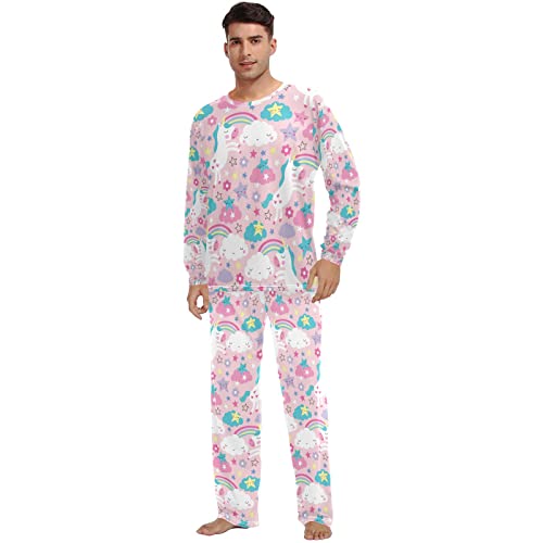 Seamless White Unicorns Cloud Colorful Rainbow Stars on Pink Men's Women's Pajama Set, 2PCs Sleepwear Top & Bottom PJ Set, Loose Lounge Long Tops Pants Nightwear for Men Women L