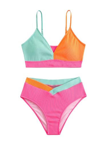 Image of MakeMeChic Girl's Colorblock Two Piece Bathing Suit Textured High Waisted Bikini Sets Swimsuit Multicolor 13Y