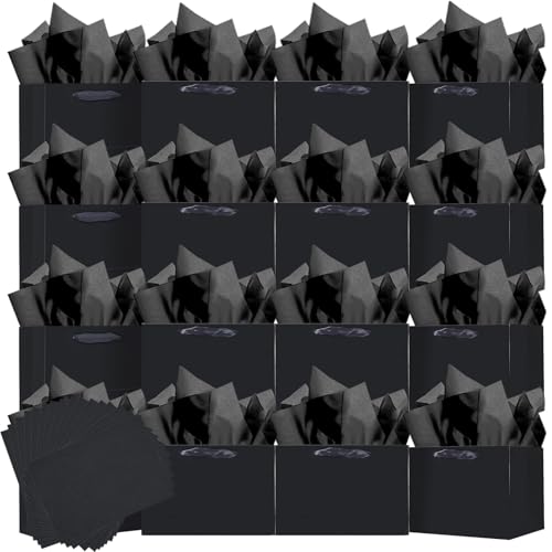 qiqee 24PCS Black Small Gift Wide Bags with Tissue Paper Handles 6.3x4.7x2.4 Small Size Present Party Favor 24pcs Bags Tissue Paper