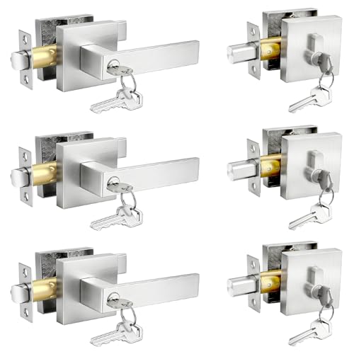Brotima 3 Pack Brushed Nickel Exterior Door Lock Set with Deadbolt, Square Front Door Handle Set, Door Levers Single Cylinder Deadbolt Set, Keyed Alike Heavy Duty Keyed Entry Handles Locksets