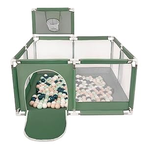 Selonis Laufstall Mit Korb Und 100 Bälle Laufgitter Für Kinder, Grün:Dunkeltürkis/Pastellbeige/Weiß/Minze