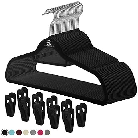 Closet Accessories, Black velvet hangers, ultra slim space saving, notches, tie bar, swivel hook, 30 pack, with bonus 20 matching velvet finger clips Cover