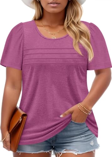 Imily Bela Womens Plus Size Tops 2025 Dressy Casual Short Sleeve Tunic Summer Crew Neck Flowy Pleated Tees Dark Pink