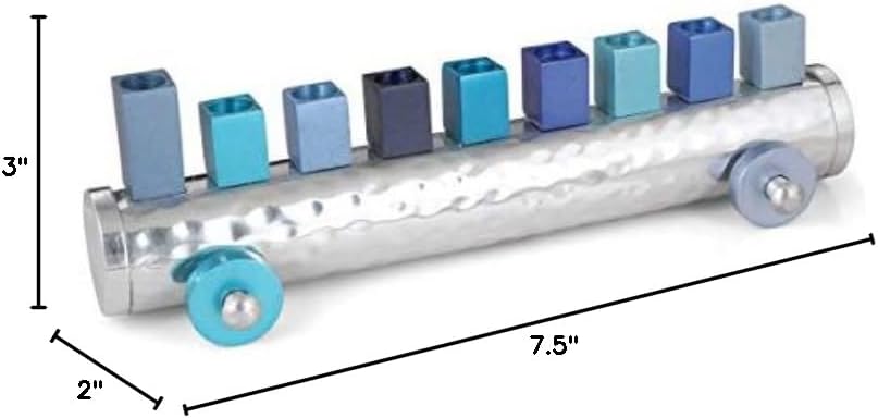 Yair Emanuel Children's Train Hanukkah Menorah | Hammered Anodized Aluminum & Nickel | HNA-2 (Shades of Blue)