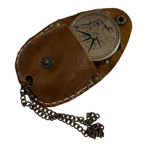 Brújula de latón antigua con cadena y estuche miniatura 1
