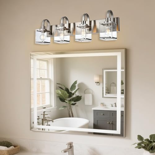 Image of Brushed Nickel Bathroom Light Fixtures, 4 -Light Vanity Lighting Fixture Over Mirror with Clear Glass Shade Wall Sconce Lighting for Mirror Kitchen Living Room Bedroom Hallway