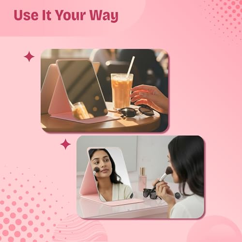Image of MARS Foldie-Portable Makeup Mirror with Adjustable Stand | HD Frameless Beveled Design | Travel-Friendly PU Leather Vanity Mirror for Desk, Dresser & Bathroom (Cream)