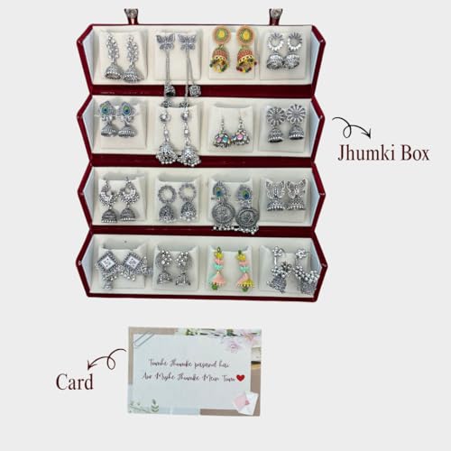 Image of Oxidised Silver Look Jhumka Earrings Box for Women | 16 Pairs Traditional Ethnic Jhumki Combo Gift Hamper with Velvet Box | Festive Wedding Jewellery | Gift For Women