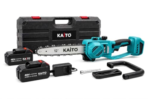 Image of KAITO 48 V Cordless Chainsaw Machine | Brushless Motor | 12-Inch Guide Bar | 8300 RPM | 2 x 3.0 Ah Batteries | Tree Cutter Tool | Wood Cutting Machine for Home | Wood Cutter Tool Machine