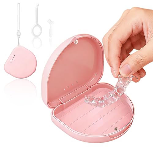 Estojo de retentor ortodôntico de 4 peças, estojo odontológico ortodôntico com orifícios de ventilação, cordão e caixa de armazenamento de viagem para alinhadores e uso de higiene bucal (rosa)