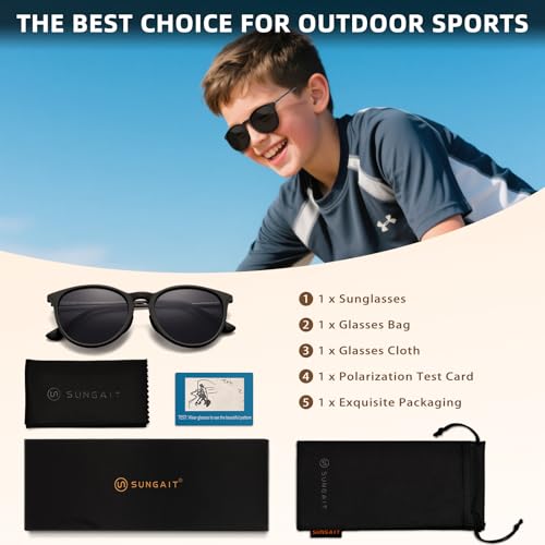 Image of SUNGAIT Junior Kids Polarized Sunglasses Vintage Round Children Shades for Girls & Boys 5-12 UV400 Protection