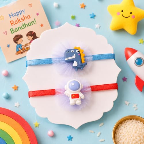 Image of CraftVatika Rakhi Set for Kids Brother, Rakhi Set of 2 for Brother Boys Baby Kids, Designer rakhis for Rakshabandhan Children Raki Set with Greeting Card, Tilak Set, for Premium RakshaSutra for Child