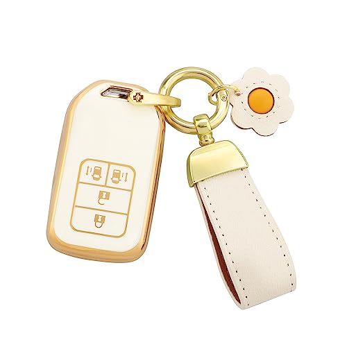 Futwod ホンダ 専用 4ボタン キーケース キーホルダー キーカバー アコード シビック オデッセイ フリード CR-V S660 アクセサリー キーシェル キーチャームベルト スマートキーケース おしゃれ 手触りいい クリーム ホワイト