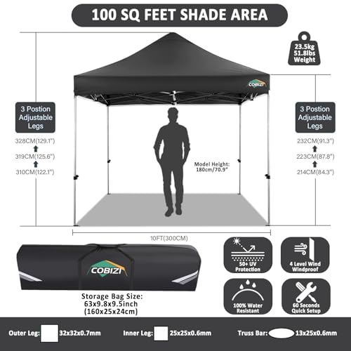 Image of COBIZI 10x15 Pop Up Canopy Tent,Heavy Duty Canopy(Black Gray No Sidewalls)