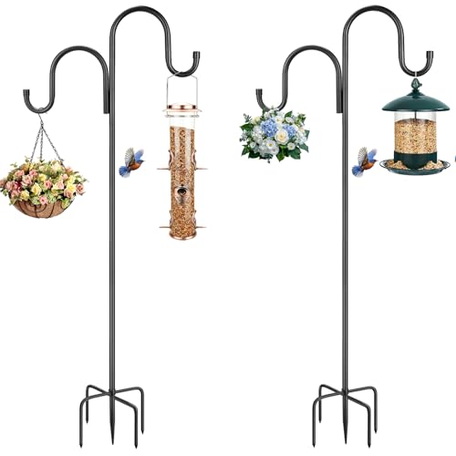 Image of 95 Inch Double Shepherds Hooks for Outdoor, Heavy Duty Bird Feeder Pole with 5 Prong Base for Hanging Lantern, Hummingbird Feeder, Lightweight Plant, Shepherd Hook for Bird Feeder for Outside, 2 Packs
