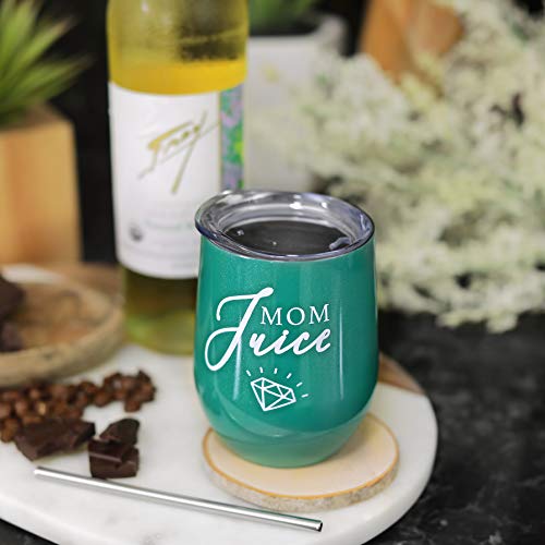 Mom Stainless Steel Wine Tumbler - 12Oz With Steel Straw, Bpa Free Lid, & Straw Cleaning Brush - Stemless Insulated Wine Tumbler With Lid - Gift For Mothers Who Love Coffee, Tea - Mom Juice #TOP7