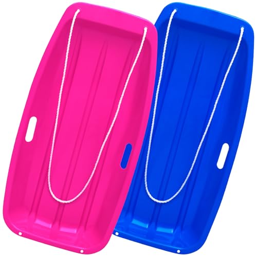 AKLIFFE Slittino da Neve 2 Posti, Bob Slittino da Neve Taglia Unica (89cm) 2 Colori Assortiti e con Maniglie, Antigraffio, Antigelo, per Bambini Adulti Giochi sulla Neve (Rosa + Blu)