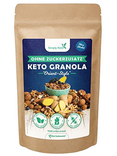 Simply Keto Knusper Granola Orient Sonne - Lower Carb* Müsli-Alternative ohne Zuckerzusatz - 500g Leckeres Keto Granola für ein perfektes Frühstück - Paleo & Vegan - Soja, Laktose- & Glutenfrei - 500g