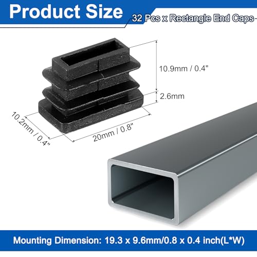 Image of uxcell 32 Pcs Rectangle Tubing End Caps 3 /4 x 3 /8 Inch Plastic Hole Plugs Insert End Cap for Metal Tubing Post Chair Leg Table Bookshelves Furniture, Black
