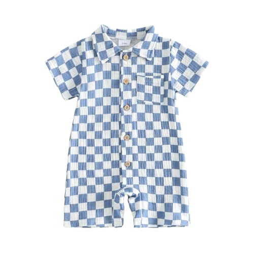 Image of niceclould Baby Boy Vertical Striped Romper with Pockets One Piece Lapel Neck Short Sleeve Buttons Jumpsuit Spring Summer
