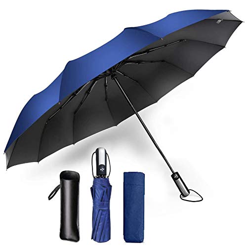折りたたみ傘 ワンタッチ自動開閉 頑丈な10本骨 メンズ シンプル 台風対応 梅雨対策 耐風 超撥水 高強度グラスファイバー 108CMサイズ 晴雨兼用 収納ポーチ付き (ブルー)