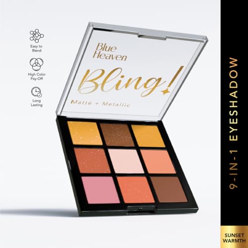 Image of Blue Heaven Bling 9 in 1 Eyeshadow Palette | Highly Pigmented and Easily Blendable Eye Makeup | Matte & Metallic Shades | Long Lasting and Lightweight | Sunset Warmth, 9g