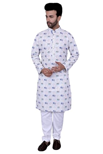 Men Blue Elephant Printed Kurta with Pajama, Mandarin Collar, Regular Fit