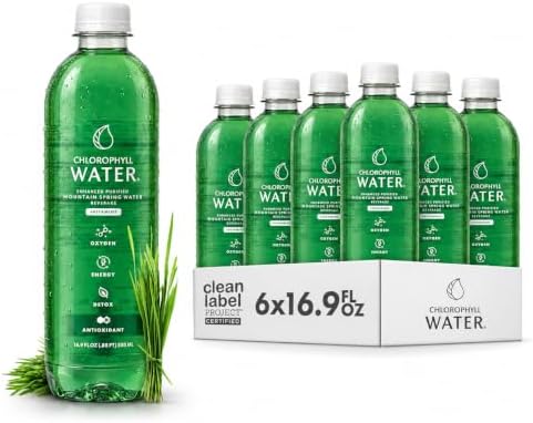 Chlorophyll Water (6-Pack) Clean Label Certified Bottled Water, Plant-Based Vitamin Infused Drink with Chlorophyll, Spearmint & Lemon, Hydration & Wellness Beverage (16.9oz)