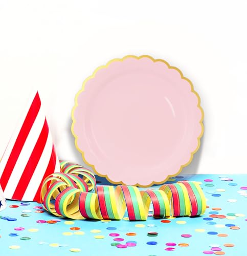 Image of HEIPINIUYE 50 Pieces Light Pink Paper Plates with Gold Foil 7 Inch Disposable Pink Scalloped Dinner Plates for Wedding Baby Shower Birthday Party Dessert Plate