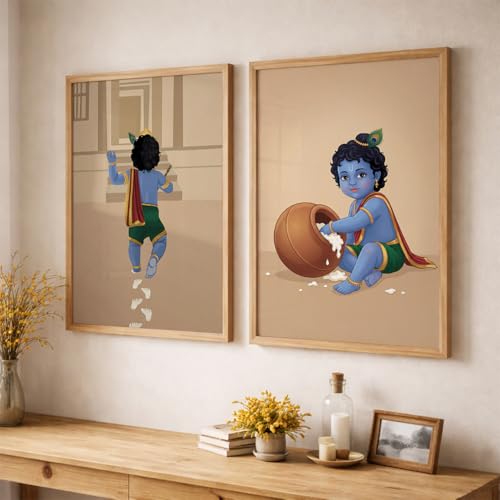 Image of TheMakerly Traditional Indian Wall Painting Set of 2 | Radha Krishna Wall Art Frames | Vintage Religious Wall Decor for Living Room Bedroom Home Temple (KR01, 13x19 inches)