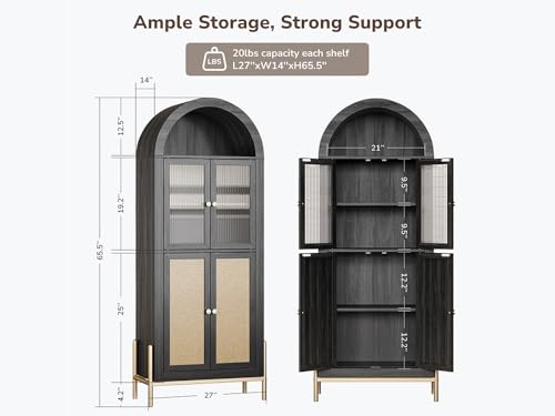 BELLEZE Modern Arched Kitchen Pantry, 5-Tier Wood Decorative Storage Cabinet with Reeded Glass Door and Adjustable Shelves, Freestanding Accent Display Cabinet for Home Living Room, Black